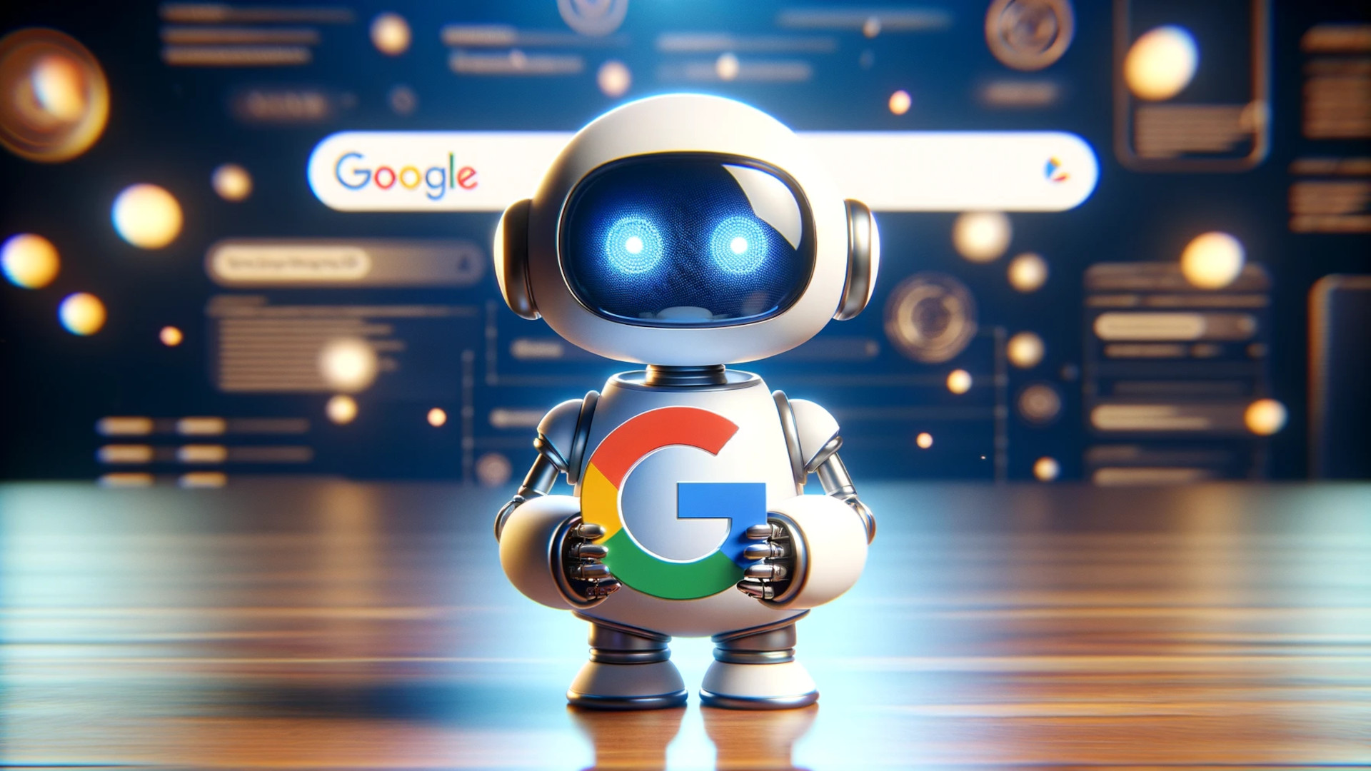 Dall·e image of a charming small robot with a futuristic design standing in front of a background that is a blur of the google search interface