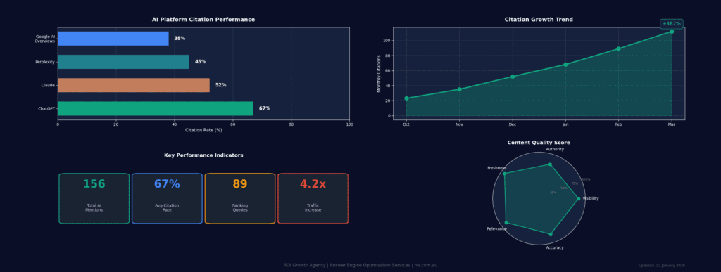 Answer Engine Optimisation dashboard showing AI search rankings for ChatGPT, Claude, Perplexity and Google