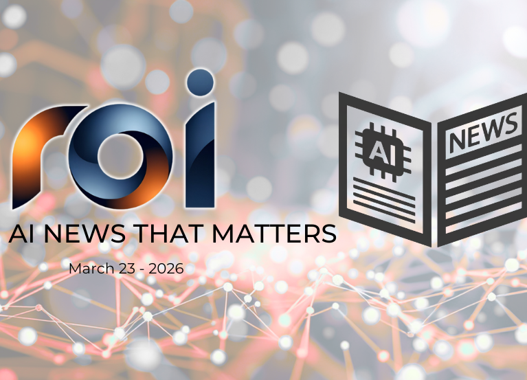 ROI logo alongside an AI newspaper icon with the text AI News That Matters, March 23 2026, on a background of connected nodes and network lines