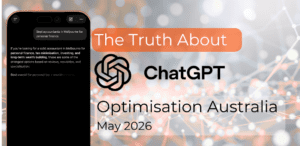 A smartphone displaying a ChatGPT search result for "best accountants in Melbourne for personal finance" alongside the text "The Truth About ChatGPT Optimisation Australia, May 2026