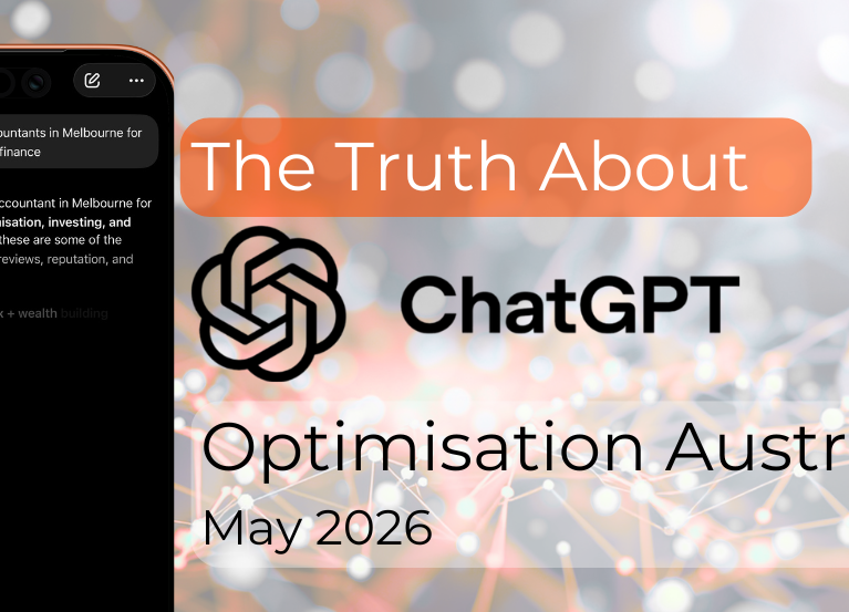 A smartphone displaying a ChatGPT search result for "best accountants in Melbourne for personal finance" alongside the text "The Truth About ChatGPT Optimisation Australia, May 2026