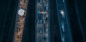 Aerial night photograph of a three-lane highway. The left lane is gridlocked with hundreds of ordinary vehicles, their red brake lights forming a solid mass beneath a glowing OpenAI logo projected on the road. The centre lane flows at moderate capacity under an illuminated Google wordmark. The right lane is nearly empty, with only a handful of exotic sports cars spaced far apart beneath a faint sparkle glyph representing Google AI Mode.