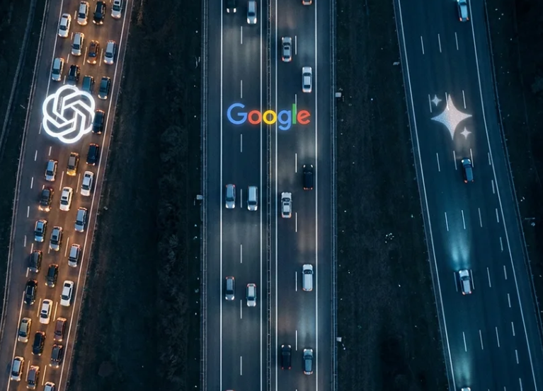 Aerial night photograph of a three-lane highway. The left lane is gridlocked with hundreds of ordinary vehicles, their red brake lights forming a solid mass beneath a glowing OpenAI logo projected on the road. The centre lane flows at moderate capacity under an illuminated Google wordmark. The right lane is nearly empty, with only a handful of exotic sports cars spaced far apart beneath a faint sparkle glyph representing Google AI Mode.