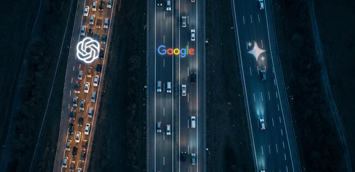 Aerial night photograph of a three-lane highway. The left lane is gridlocked with hundreds of ordinary vehicles, their red brake lights forming a solid mass beneath a glowing OpenAI logo projected on the road. The centre lane flows at moderate capacity under an illuminated Google wordmark. The right lane is nearly empty, with only a handful of exotic sports cars spaced far apart beneath a faint sparkle glyph representing Google AI Mode.