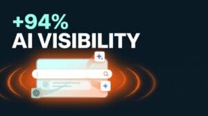 Illustration showing AI search icons connected by glowing light trails with a bold "+94% AI Visibility" headline stat, representing growth in AI search impressions on a dark navy background with orange and cyan accents.