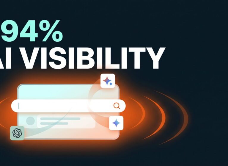 Illustration showing AI search icons connected by glowing light trails with a bold "+94% AI Visibility" headline stat, representing growth in AI search impressions on a dark navy background with orange and cyan accents.